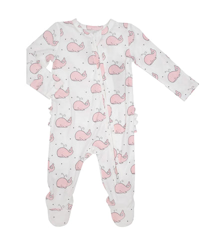 Bubbly Whale Pink 2 Way Zip Ruffle Footie