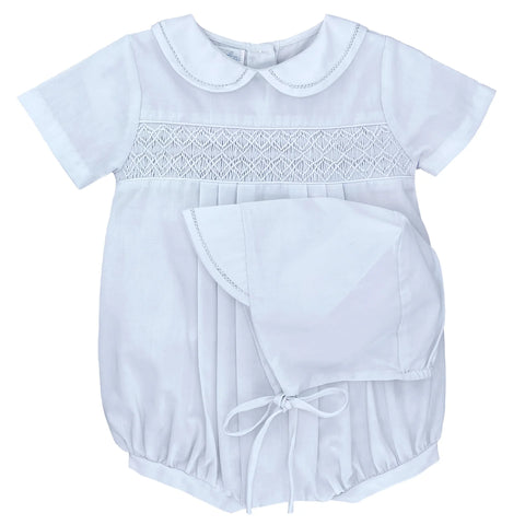Boys Blue Romper with Smocking and Hat