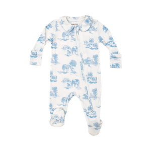 Farm Toile Blue Peter Pan Zipper Footie