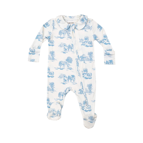 Farm Toile Blue Peter Pan Zipper Footie