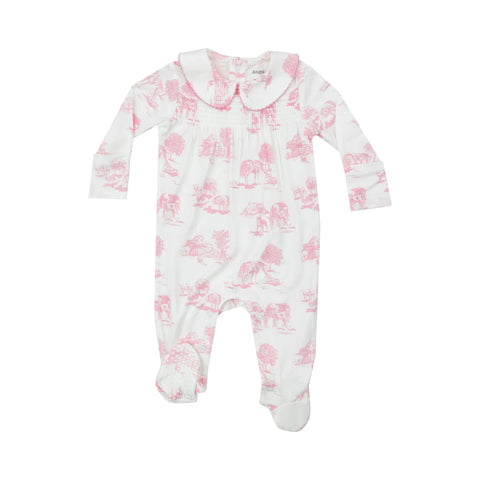 Farm Toile Pink Smocked Peter Pan Footie