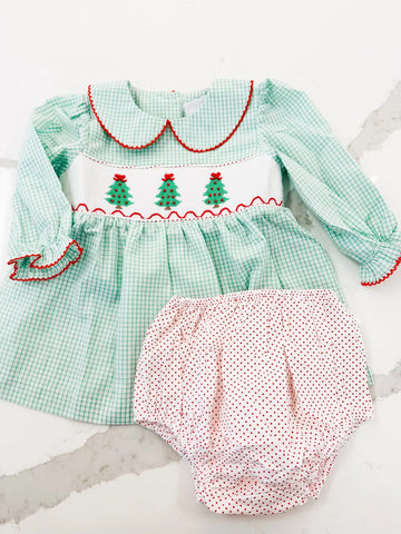 Christmas Tree Girls Smocked Bloomer Set